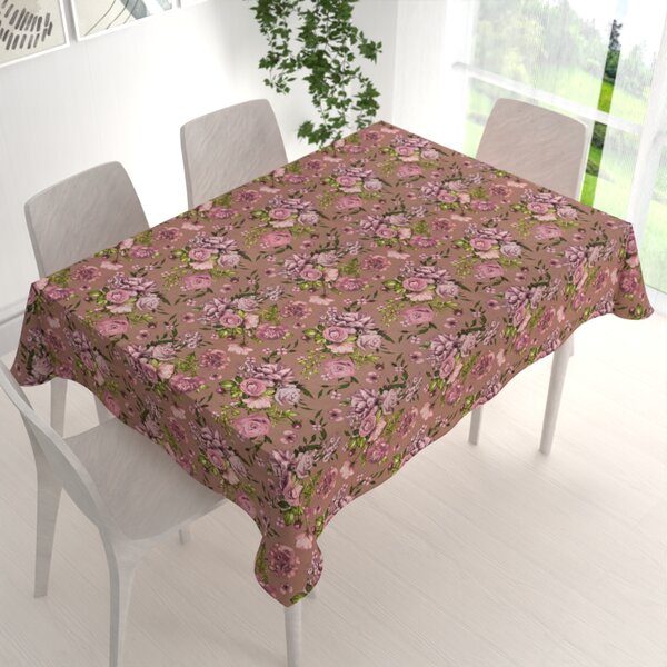 Biante Bavlněný obdélníkový ubrus Sandra SA-554 Růže a hortenzie na hnědém 50x100 cm