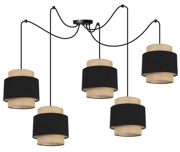 Závěsné svítidlo Boho Spider, 5x jutové/černé textilní stínítko