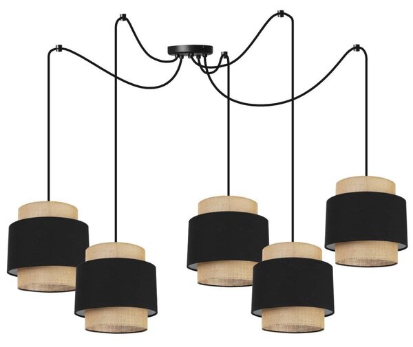 Závěsné svítidlo Boho Spider, 5x jutové/černé textilní stínítko