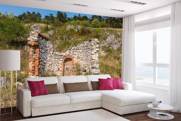 DIMEX | Vliesová fototapeta Zřícenina kaple MS-5-1200 | 375 x 250 cm| zelená, béžová, oranžová