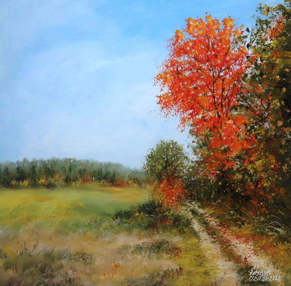 Ručně malovaný obraz od Milan Čihák - "Šumava - Podzimní cestou", rozměr: 40 x 40 cm