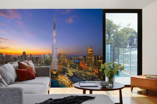 DIMEX | Vliesová fototapeta Burj Chalifa, Dubai MS-5-1214 | 375 x 250 cm| modrá, žlutá, oranžová, šedá