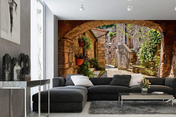 DIMEX | Vliesová fototapeta Klenutá ulice v Toskánu MS-5-1212 | 375 x 250 cm| zelená, červená, hnědá, šedá