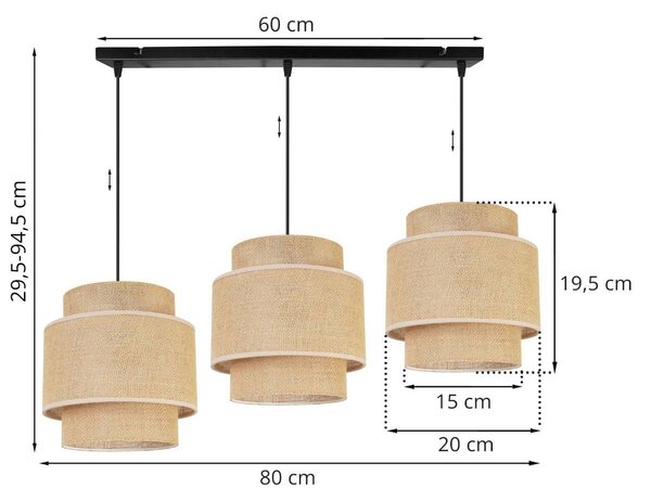 Závěsné svítidlo Boho, 3x jutové stínítko, (výběr ze 2 barev konstrukce)