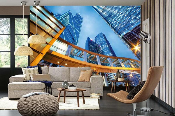 DIMEX | Vliesová fototapeta Kancelářské budovy, Hongkong MS-5-1232 | 375 x 250 cm| modrá, žlutá