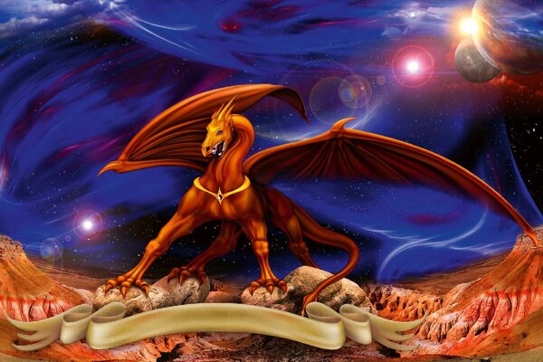 DIMEX | Vliesová fototapeta Vesmírný drak MS-5-1258 | 375 x 250 cm| modrá, červená, zlatá, černá