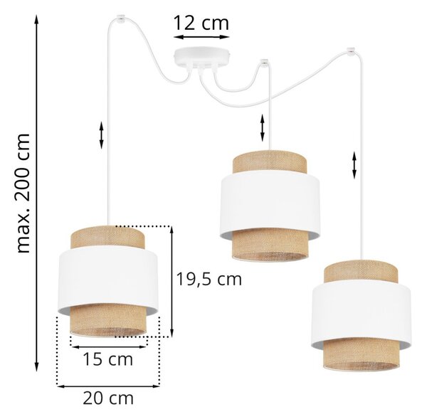 Závěsné svítidlo Boho Spider, 3x jutové/bílé textilní stínítko