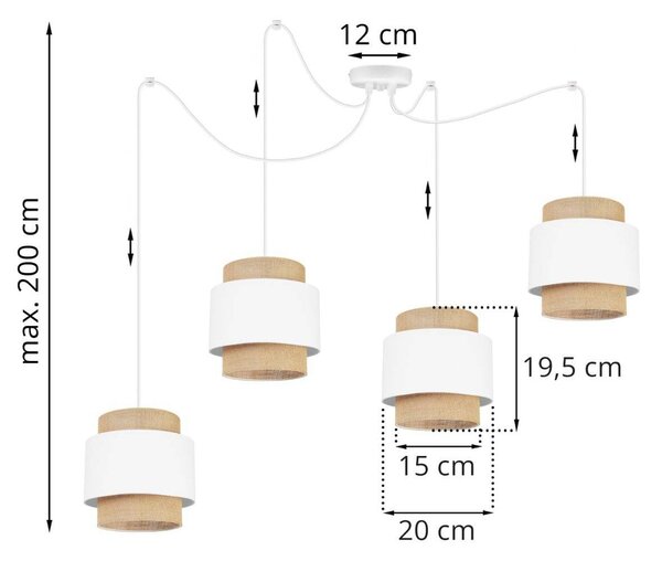 Závěsné svítidlo Boho Spider, 4x jutové/bílé textilní stínítko