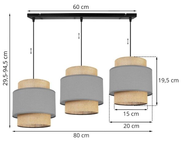 Závěsné svítidlo Boho, 3x jutové/šedé textilní stínítko