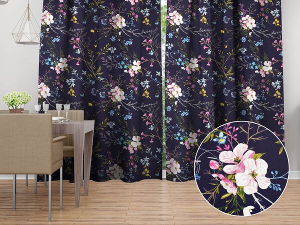 Biante Bavlněný závěs Sandra SA-557 Modro-růžové kvítí na tmavě modrém 150x140 cm