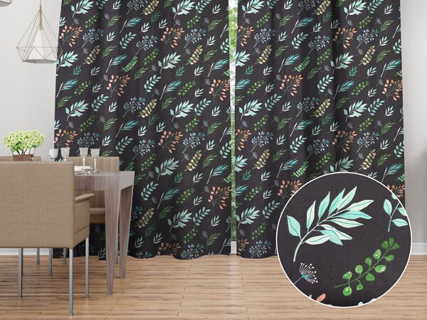 Biante Bavlněný závěs Sandra SA-556 Větvičky s lístky na černém 150x140 cm