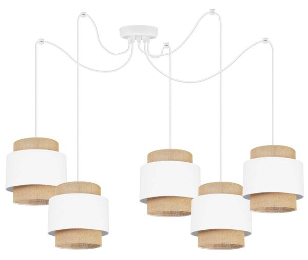 Závěsné svítidlo Boho Spider, 5x jutové/bílé textilní stínítko