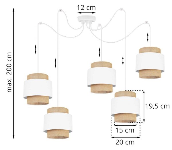 Závěsné svítidlo Boho Spider, 5x jutové/bílé textilní stínítko