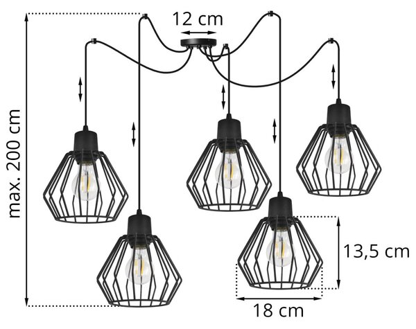 Závěsné svítidlo Nuvola Spider 2, 5x černé drátěné stínítko
