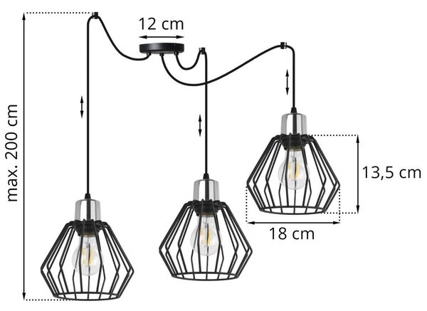 Závěsné svítidlo Nuvola Spider 4, 3x černé drátěné stínítko, ch