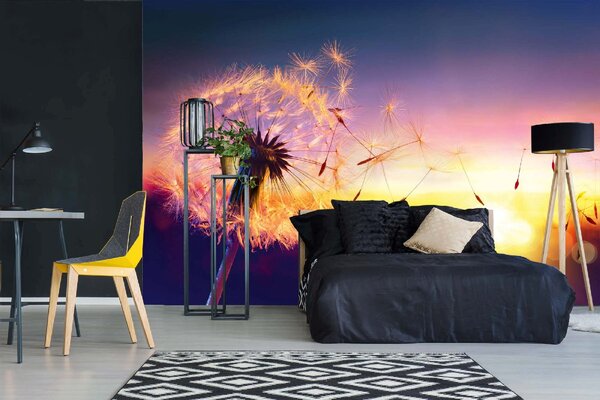 DIMEX | Vliesová fototapeta Létající chmýří pampelišky MS-5-1365 | 375 x 250 cm| modrá, fialová, žlutá