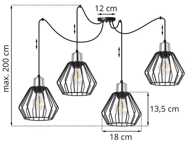 Závěsné svítidlo Nuvola Spider 4, 4x černé drátěné stínítko