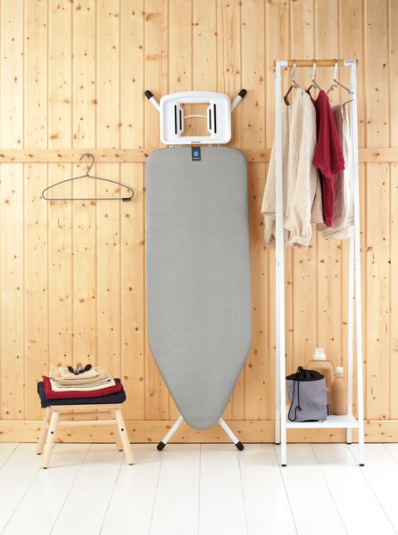 Brabantia žehlicí prkno C, 124x45cm, pevná odkládací plocha pro žehličky, bílý rám 22mm, Metallised