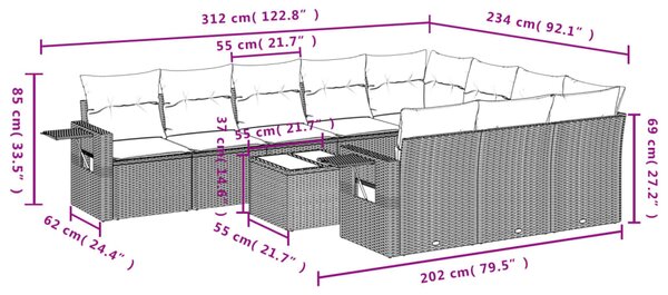 11dílná zahradní sedací souprava s poduškami šedá polyratan 3253037