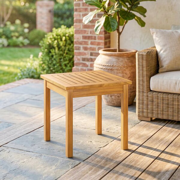 Outsunny čtvercový příruční stolek 48 × 48 × 46 cm, odolný akáciový zahradní stolek s latkovou deskou a nastavitelnými nožkami, unese 30 kg | Aosom