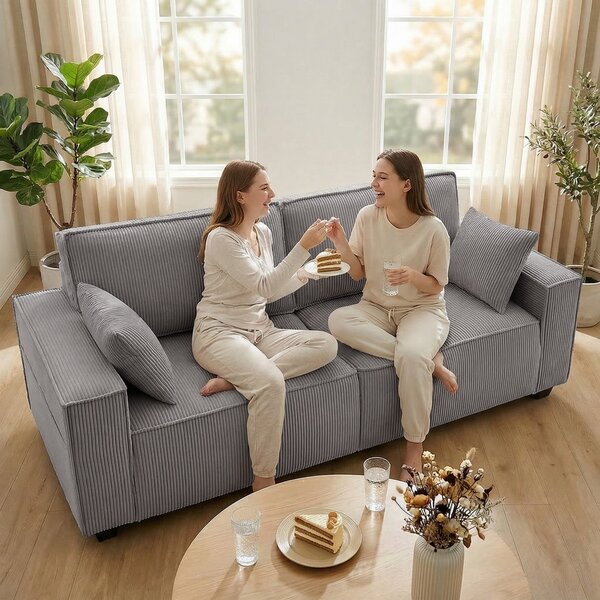 HOMCOM 3místná pohovka, šířka 218 cm, široké područky, 2 polštáře, pohodlná manšestrová pohovka, polstrovaná — Aosom