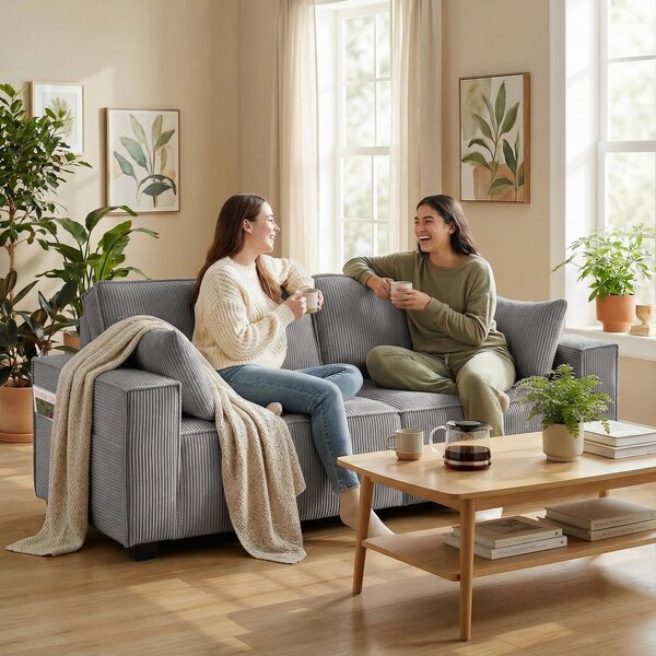 HOMCOM 3místná pohovka, šířka 218 cm, široké područky, 2 polštáře, pohodlná manšestrová pohovka, polstrovaná — Aosom