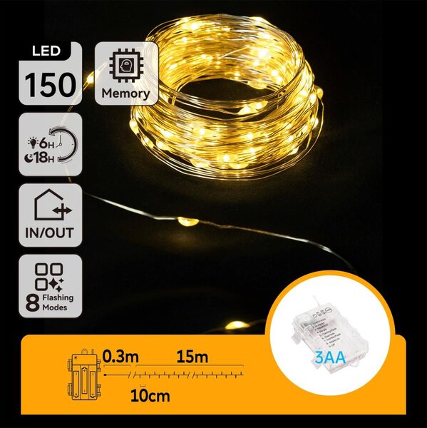 Aigostar -LED Venkovní řetěz 150xLED/8 funkcí 3xAA 15,3m IP44 teplá bílá