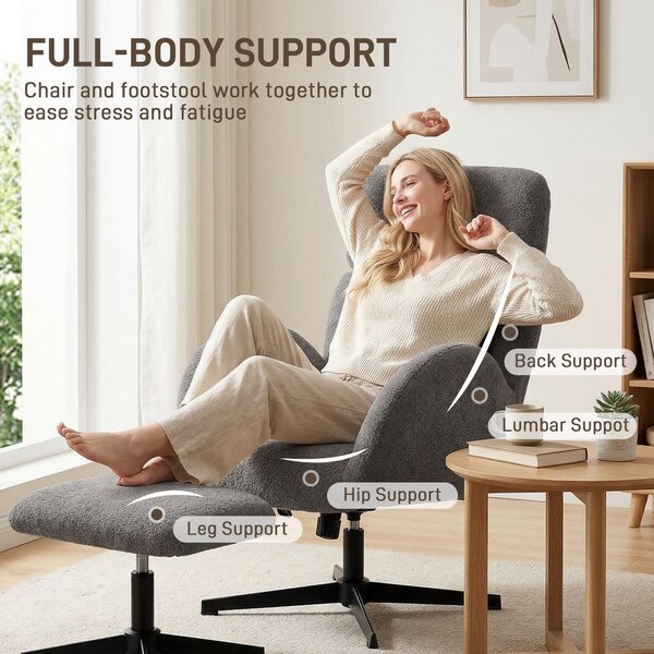 HOMCOM otočné relaxační křeslo s podnožkou, sametový potah, nastavitelný opěrák hlavy a výška, houpací funkce, šedé | Aosom