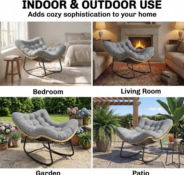 Outsunny ratanové houpací křeslo s tlustým polštářem, interiér/exteriér, 87 x 110 x 70 cm – šedé | Aosom