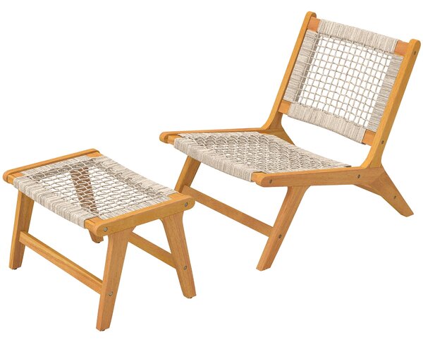 Outsunny 2dílné venkovní lehátko z akátového dřeva s podnožkou – certifikát FSC, sedák z polyratanu, boho styl, nastavitelné nožky, béžová (nosnost 16