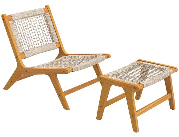 Outsunny 2dílné venkovní lehátko z akátového dřeva s podnožkou – certifikát FSC, sedák z polyratanu, boho styl, nastavitelné nožky, béžová (nosnost 16