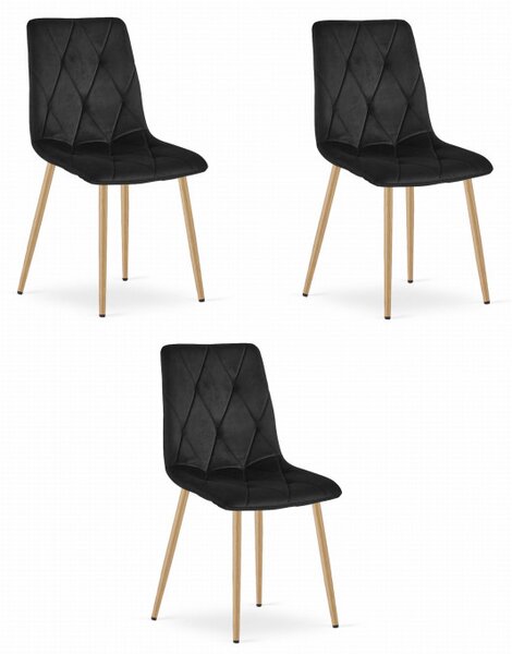 Set tří jídelních židlí LIBRA sametové černé / dřevěné nohy (3 ks)