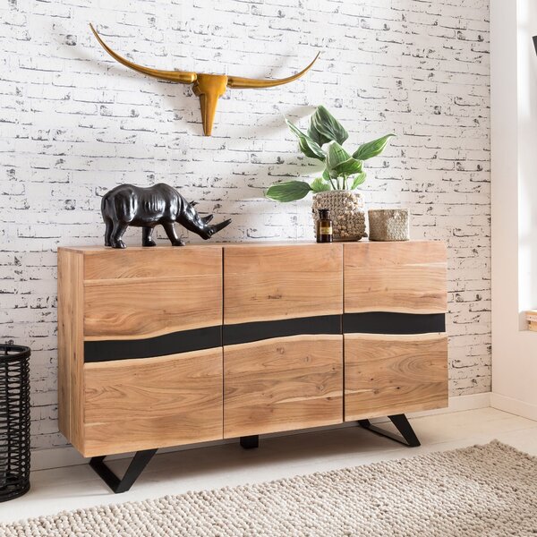 FineBuy Píborník z akáciového masivu 150 cm se 3 dvíky- Masivní retro komoda s hranou ze stromu - Designový pírodní píborník - Runí výroba Industrial
