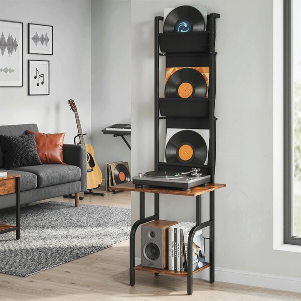 HOMCOM regál na CD/DVD/Blu-ray s 3 textilními kapsami a odkládacím stolkem — industriální, rustikální hnědá/černá (50 x 48,5 x 144 cm) | Aosom