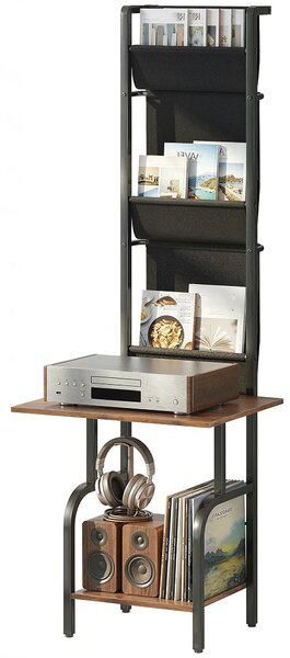 HOMCOM regál na CD/DVD/Blu-ray s 3 textilními kapsami a odkládacím stolkem — industriální, rustikální hnědá/černá (50 x 48,5 x 144 cm) | Aosom