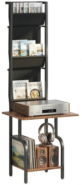 HOMCOM regál na CD/DVD/Blu-ray s 3 textilními kapsami a odkládacím stolkem — industriální, rustikální hnědá/černá (50 x 48,5 x 144 cm) | Aosom
