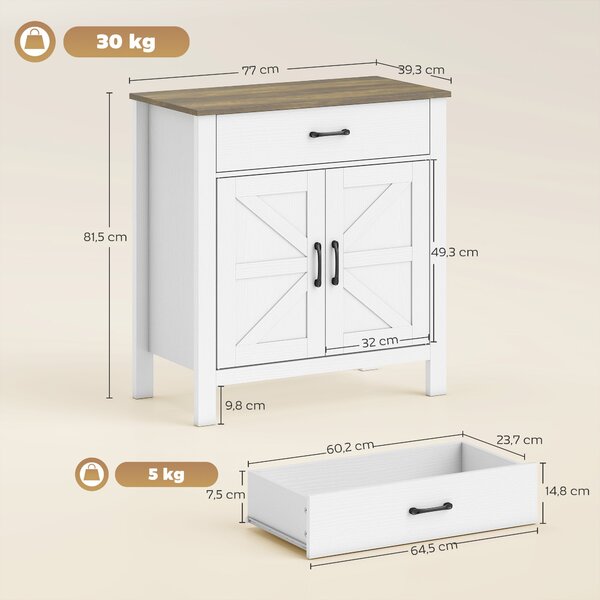 HOMCOM komoda s posuvnými dveřmi, šuplíkem a nastavitelnou policí — rustikální bufet do jídelny a kuchyně, 77 x 39,3 x 81,5 cm, bílá/hnědá | Aosom