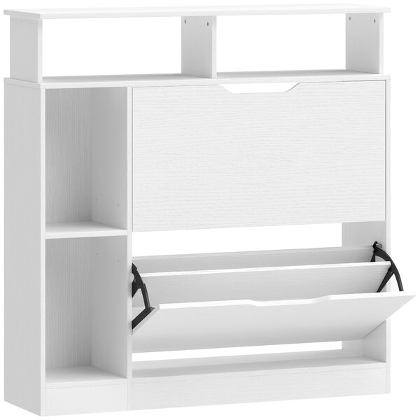 HOMCOM úzká skříňka na boty se 2 sklápěcími zásuvkami, otevřenými přihrádkami a nastavitelnou policí, 89 × 25 × 92 cm, bílá | Aosom
