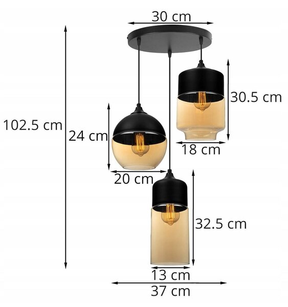 Závěsné svítidlo Oslo 4, 3x černé/medové skleněné stínítko, o