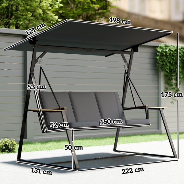 Outsunny třímístná zahradní houpačka s nastavitelnou stříškou UPF50+, 2 odkládacími tácemi, polstry a kovovým rámem — nosnost 360 kg, 222 x 131 x 175