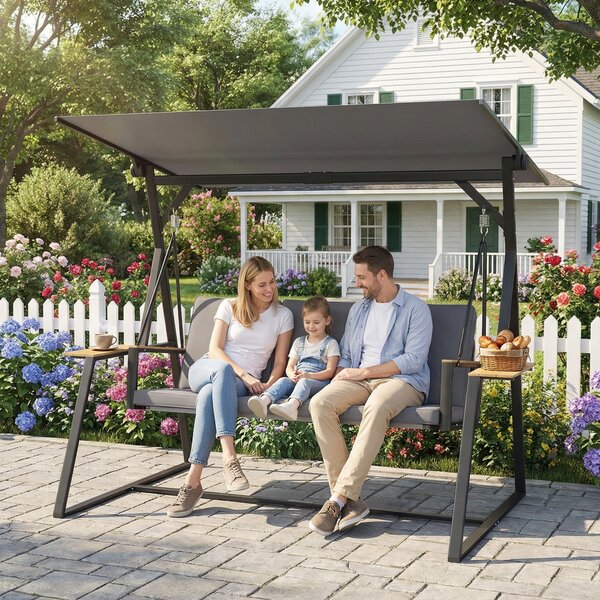 Outsunny třímístná zahradní houpačka s nastavitelnou stříškou UPF50+, 2 odkládacími tácemi, polstry a kovovým rámem — nosnost 360 kg, 222 x 131 x 175
