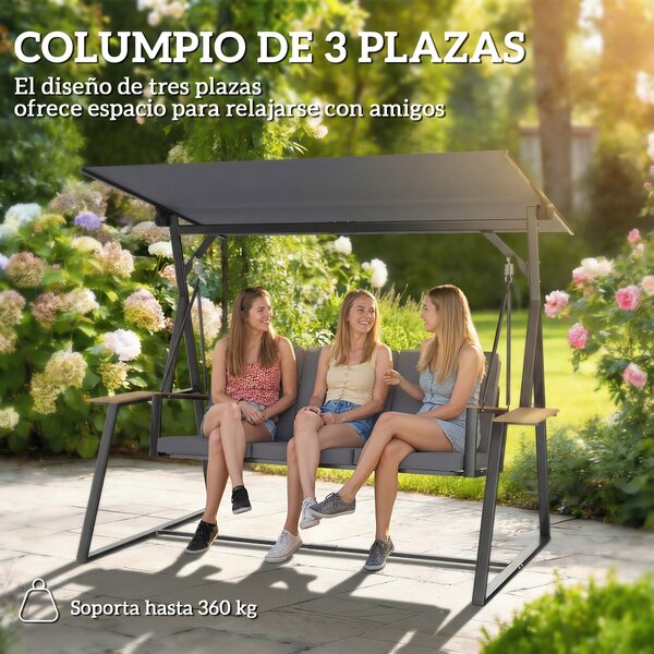 Outsunny třímístná zahradní houpačka s nastavitelnou stříškou UPF50+, 2 odkládacími tácemi, polstry a kovovým rámem — nosnost 360 kg, 222 x 131 x 175