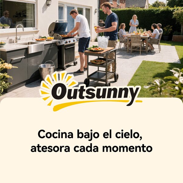 Outsunny grilovací vozík 2 patra s vrchní deskou v dřevěném vzhledu, držákem na nápoje, háčky a kolečky — černá/hnědá | Aosom