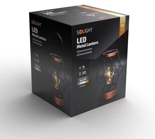 SOLIGHT Kovová lucerna se žárovkou micro LED, teplá bílá, 3xAA, 20cm