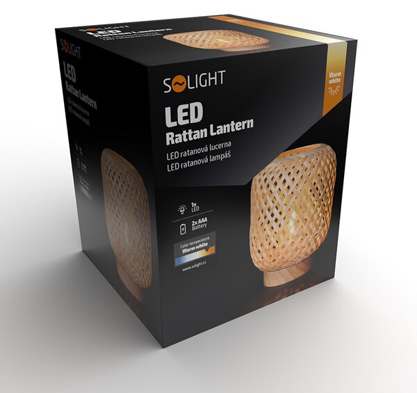 SOLIGHT Ratanová LED lucerna s LED žárovkou, teplá bílá, 2x AAA, 19cm