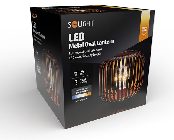 SOLIGHT Kovová oválná lucerna se žárovkou micro LED, teplá bílá, měděná, 3xAA, 18cm