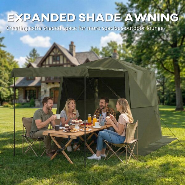 Outsunny skládací altán 2 x 2 m — voděodolný, stabilní celoroční, 4 boční panely, síťovaná okna, rozšiřitelná přední stříška, UPF 30+ — zelený | Aosom