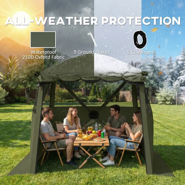 Outsunny skládací altán 2 x 2 m — voděodolný, stabilní celoroční, 4 boční panely, síťovaná okna, rozšiřitelná přední stříška, UPF 30+ — zelený | Aosom