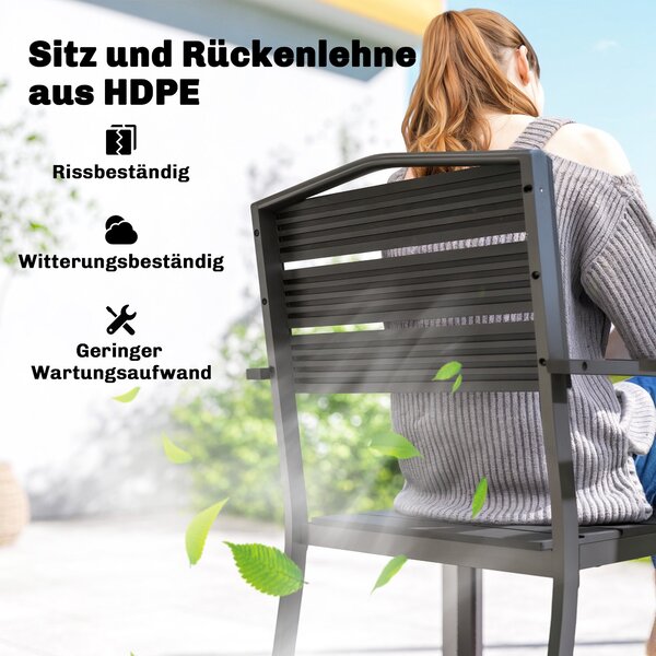 Outsunny zahradní židle – sada 4 stohovatelných křesel s latěným designem a područkami, odolné vůči počasí, černé, 52 × 51 × 90 cm | Aosom