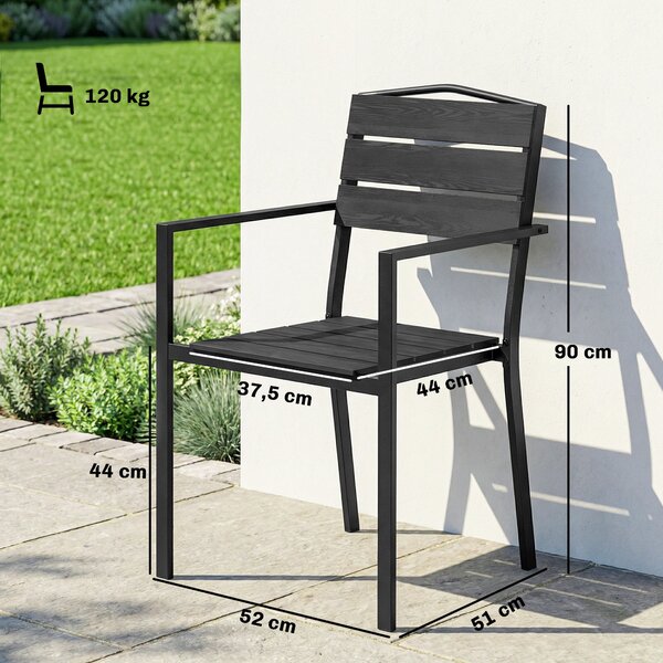 Outsunny zahradní židle – sada 4 stohovatelných křesel s latěným designem a područkami, odolné vůči počasí, černé, 52 × 51 × 90 cm | Aosom